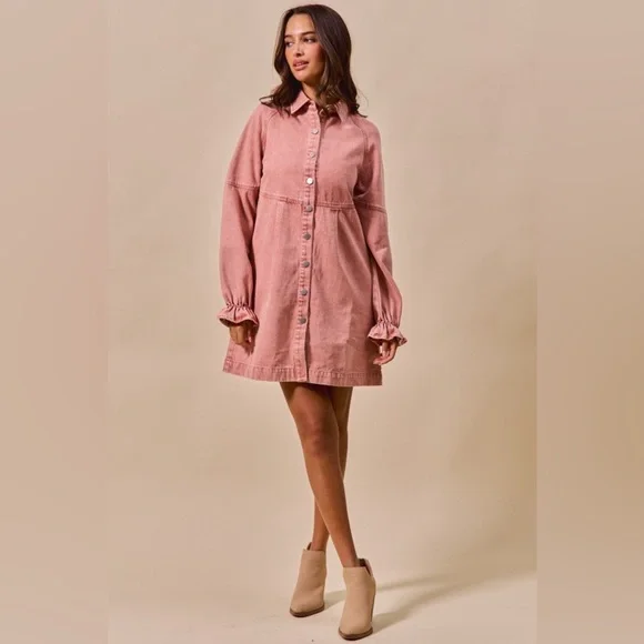 Pink mineral washed western boho denim ruffles sleeve button midi dress - Picture 6 of 6